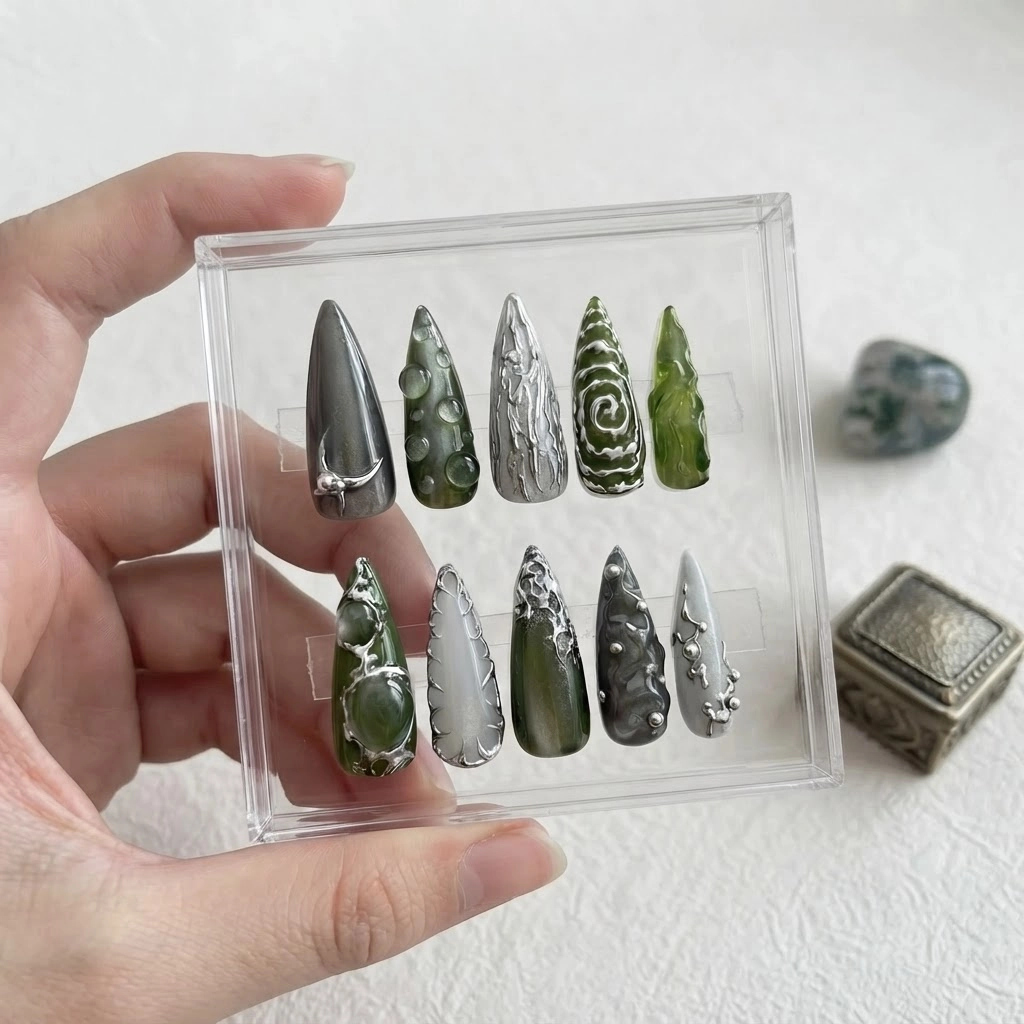 Green Chrome Gothic 3D Metallic, Long Stiletto Nails, Dark Fairycore Gift