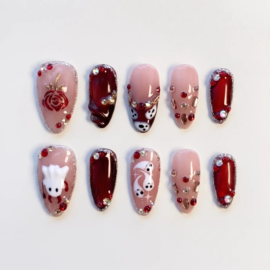 Wine Red Ghost Bunny And Rose, Almond Press On Nails, For Halloween Parties