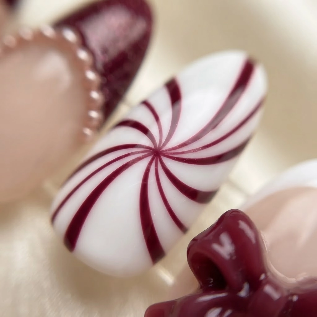 Burgundy Christmas Bow & Candy Swirl, Press On Nails, Holiday Party Glam