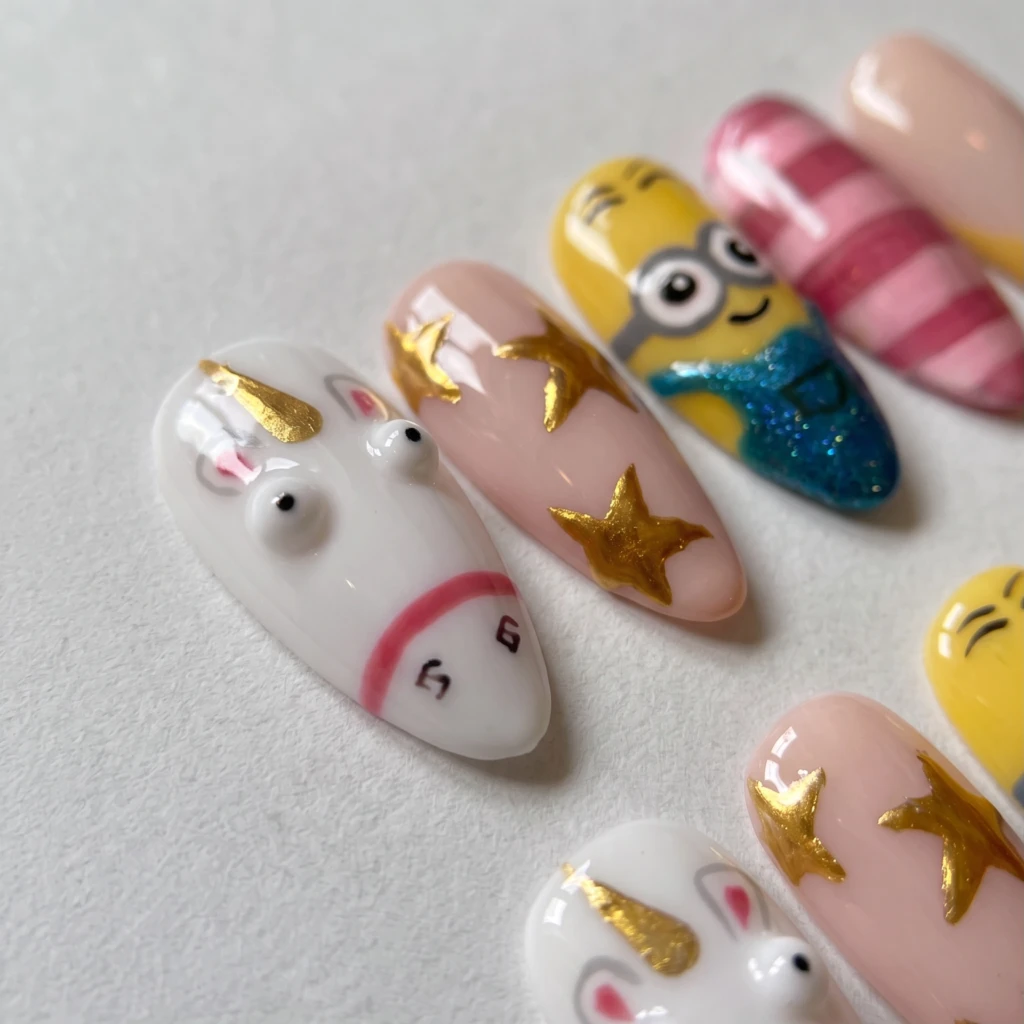 Yellow Minion Unicorn Painted, Almond Press On Nails, For Daily Cosplay Wear