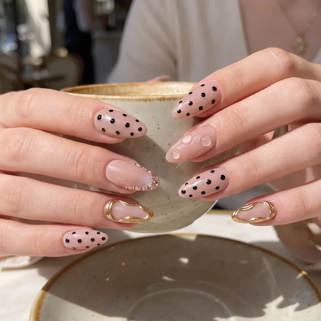 Pink Polka Dot And Gold Chrome, Almond Press On Nails, Elegant Daily Wear