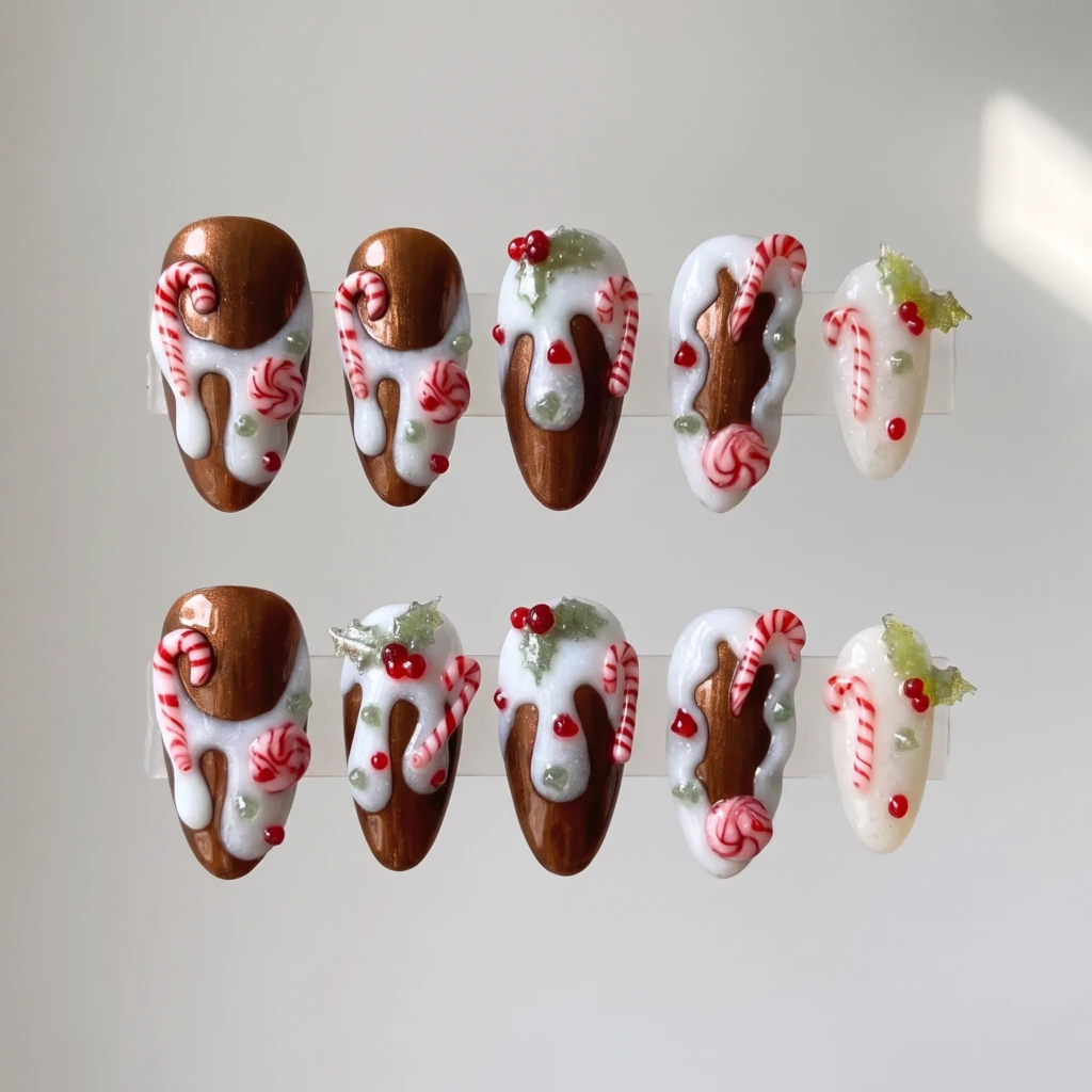 Brown 3D Candy Cane Icing, Almond Press On Nails, Festive Holiday Party
