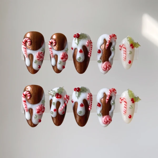 Brown 3D Candy Cane Icing, Almond Press On Nails, Festive Holiday Party