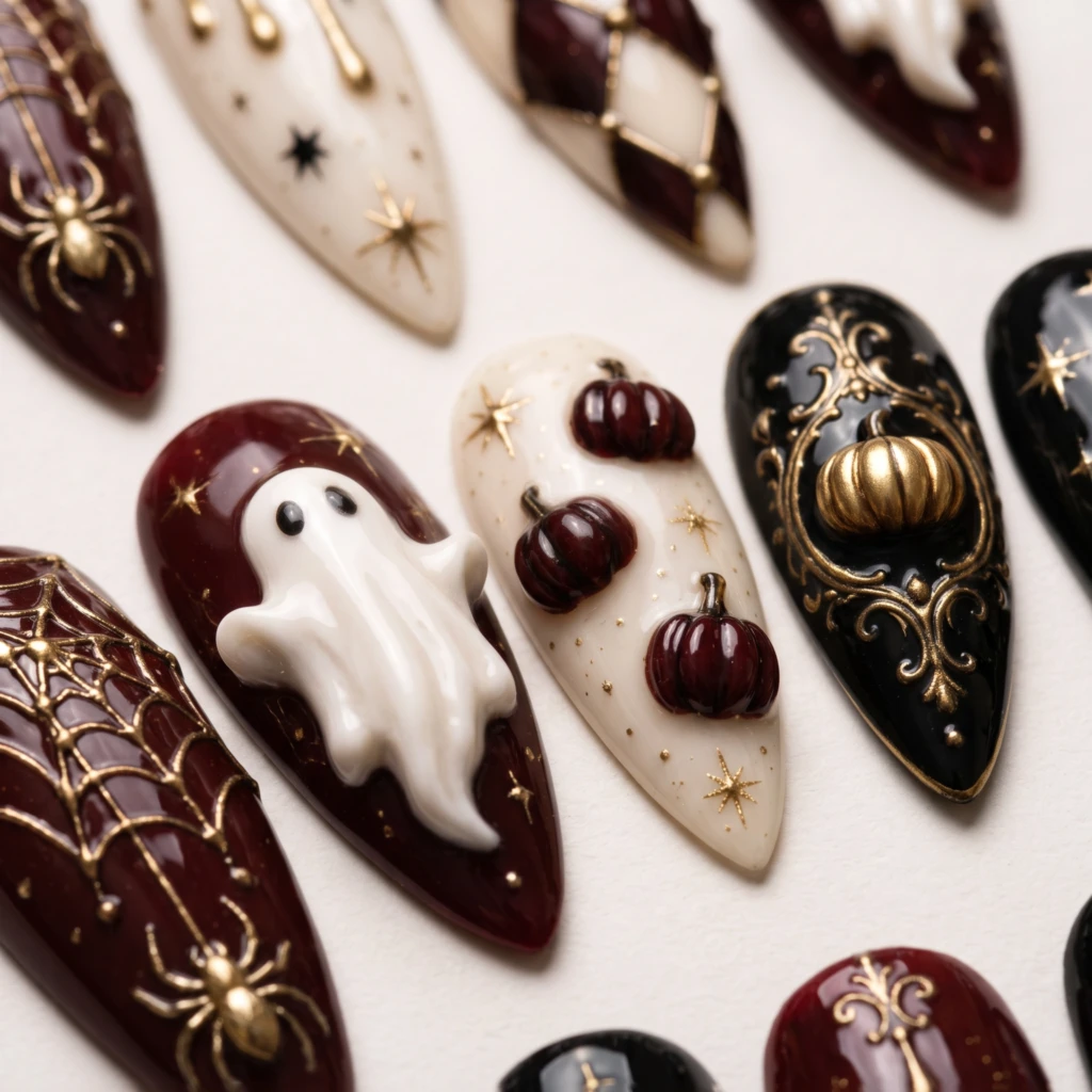 Burgundy Ghost And Pumpkin Design, Gothic Press On Nails, Halloween Party Wear