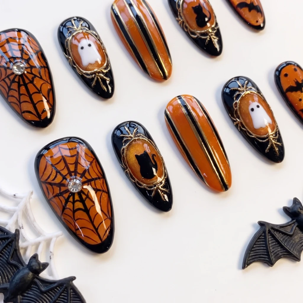 Black Orange Spiderweb Bat Nails, Long Almond Press On Nails, Halloween Party