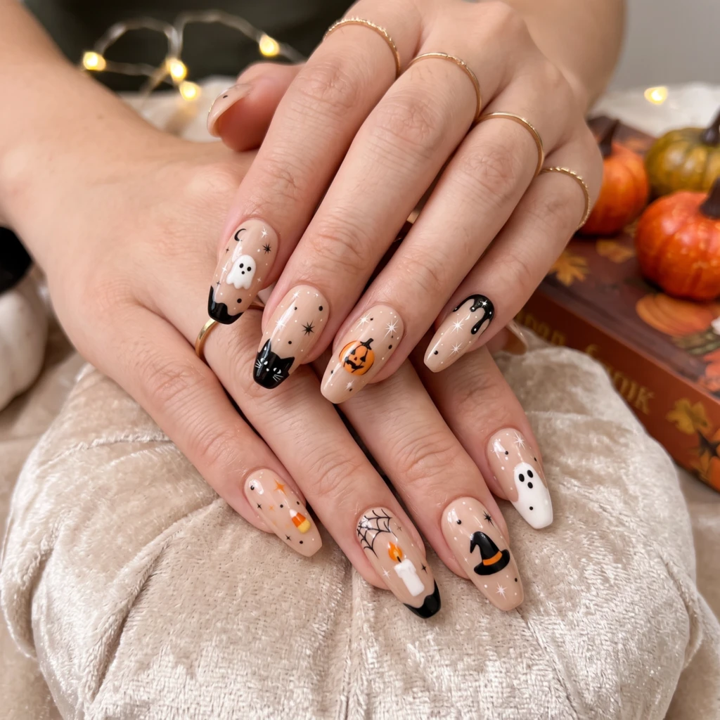 Nude Ghost Pumpkin Cat Art, Handmade Press On Nails, Halloween Party Wear