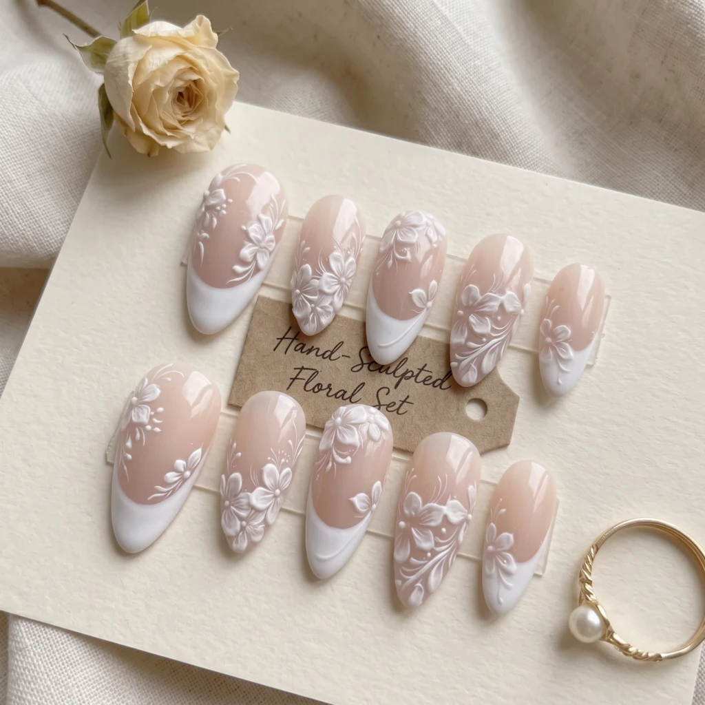 White 3D Floral French Tips, Almond Press On Nails, Bridal Wedding Manicure