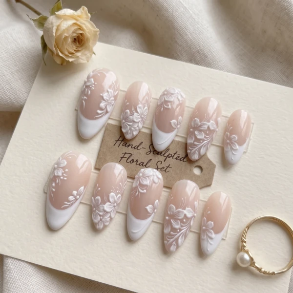 White 3D Floral French Tips, Almond Press On Nails, Bridal Wedding Manicure
