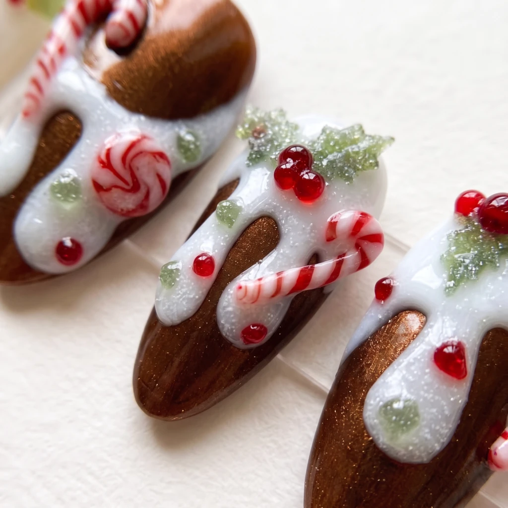 Brown 3D Candy Cane Icing, Almond Press On Nails, Festive Holiday Party