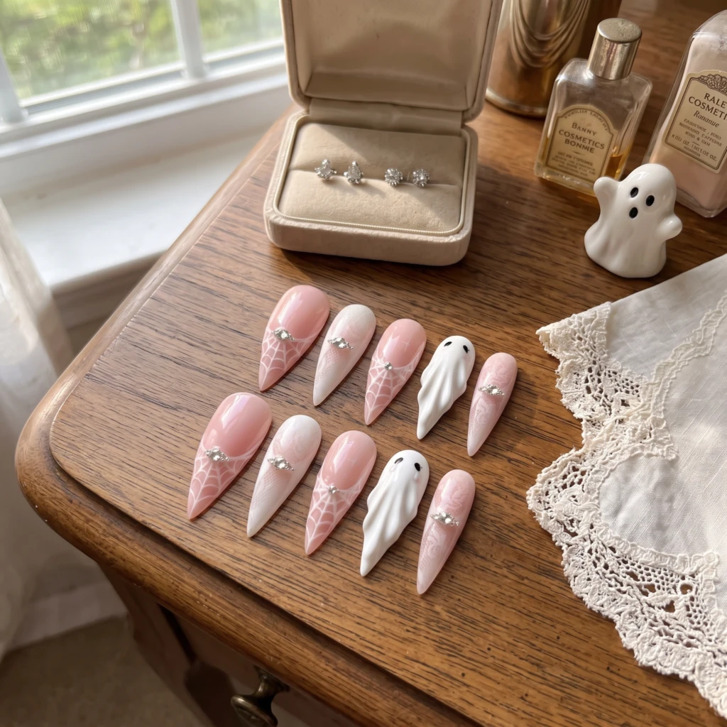 Pink Ghost Spiderweb With Rhinestones, Press On Nails, Halloween Party Gift