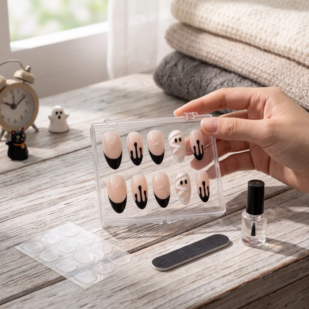 Black Mummy And Spiderweb Tips, Almond Press On Nails, Halloween Party Gift