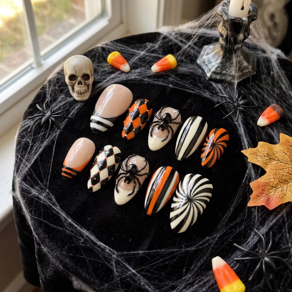 Orange Black 3D Spider Harlequin Design, Press On Nails, Halloween Costume