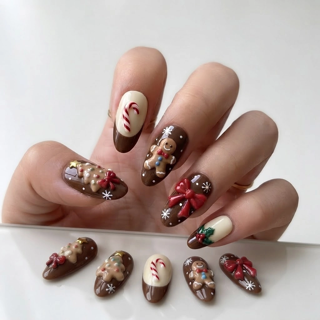 Brown Gingerbread Tree And Candy Cane Art, Press-On Nails, Holiday Party Set