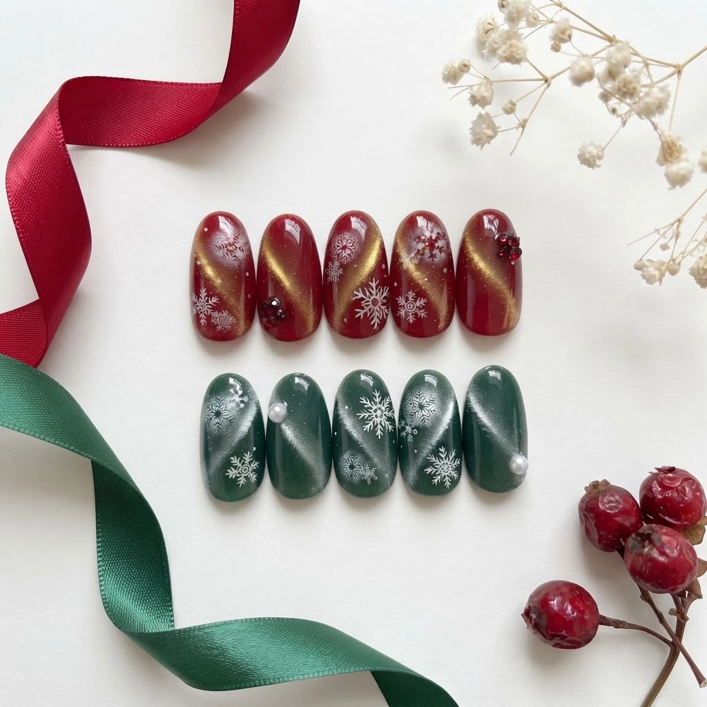 Red Green Cat Eye Snowflake, Press On Nails Set, Festive Christmas Gift