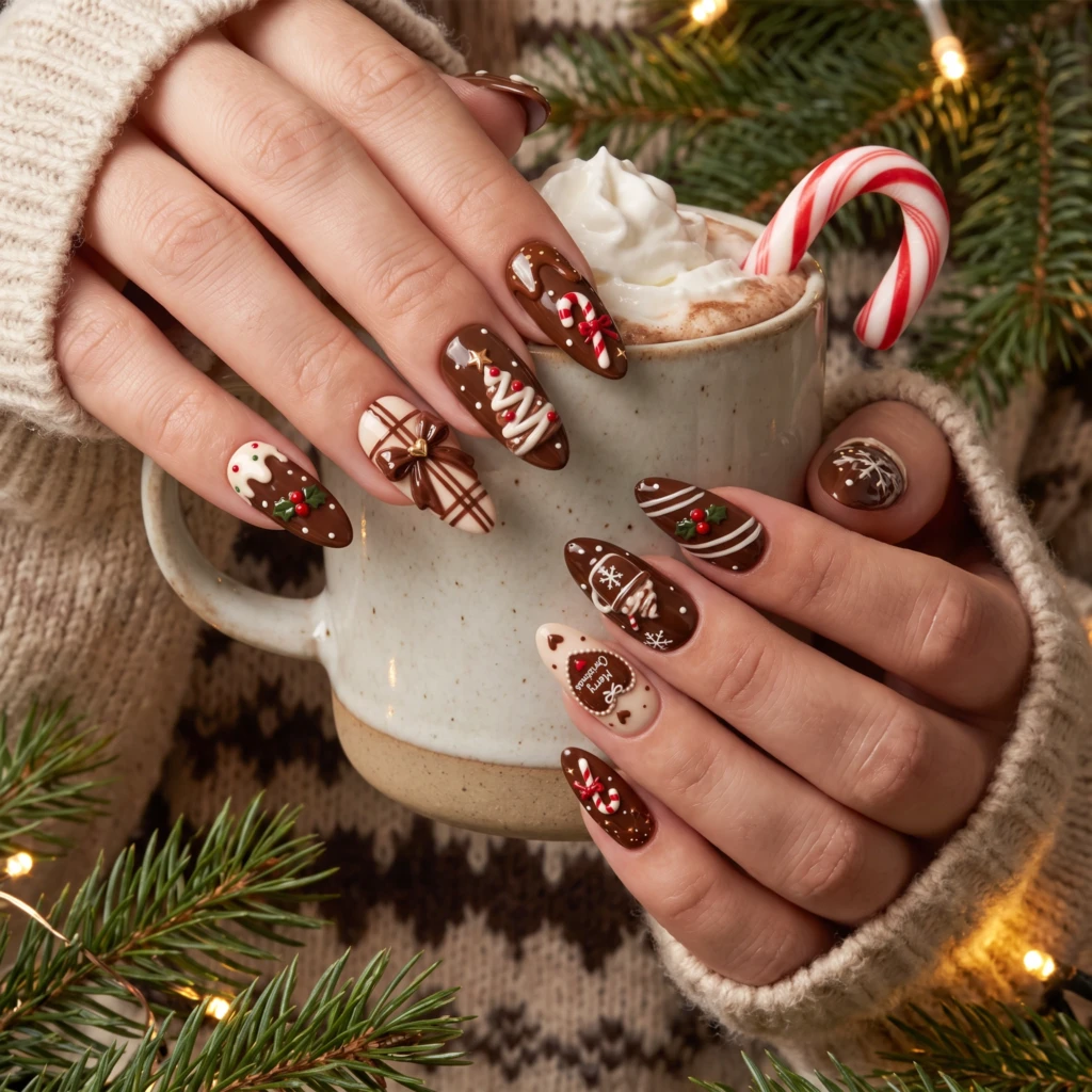 Chocolate Brown Christmas Candy And Bows, Press On Nails, Festive Holiday Gift