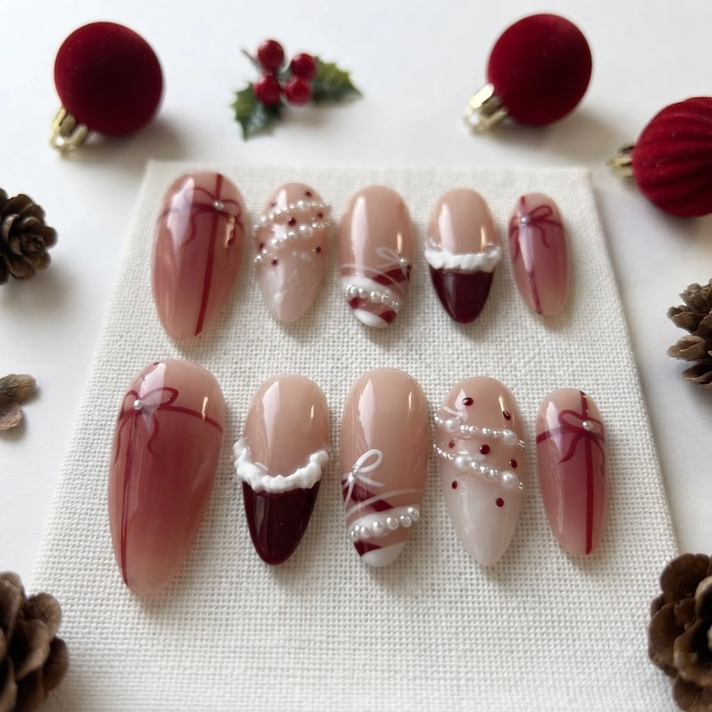 Red 3D Christmas Bows & Pearls, Press On Nails, Festive Holiday Gift Idea