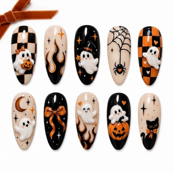 Black And Orange Ghost Pumpkin Spider Web Art, Press On Nails, Halloween Party