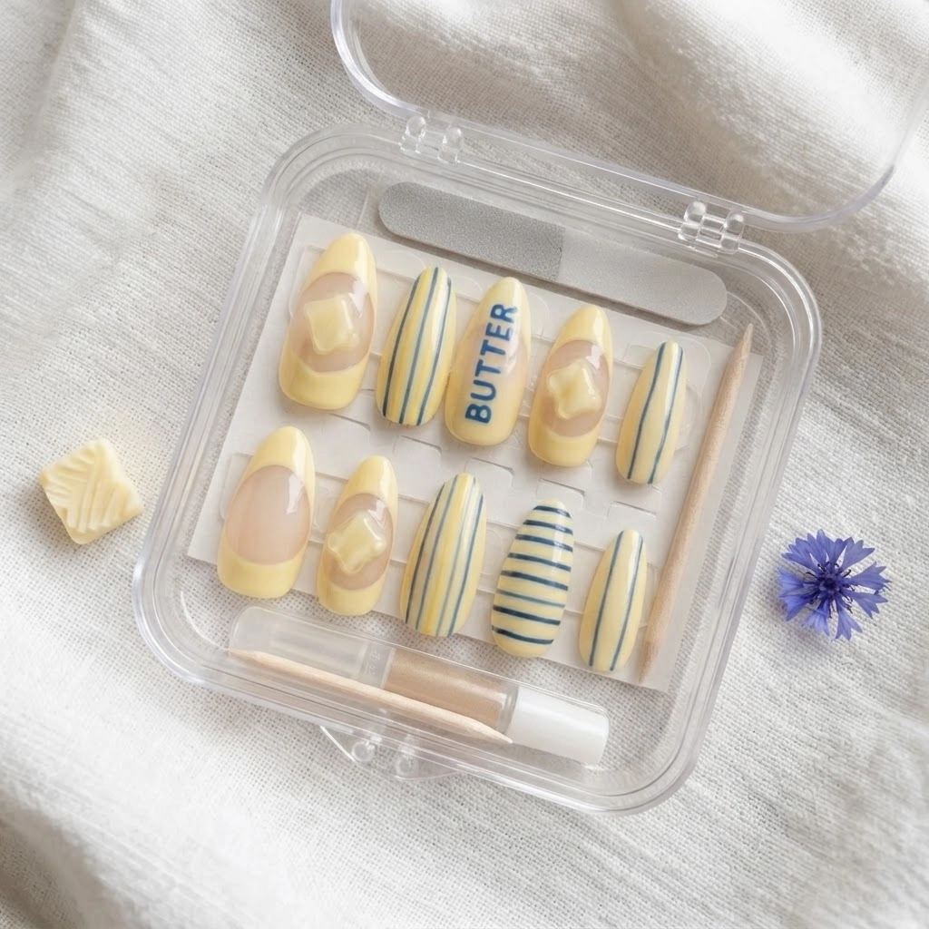Yellow Butter 3D Melting Stripe Accent, Almond Press On Nails, Summer Gift