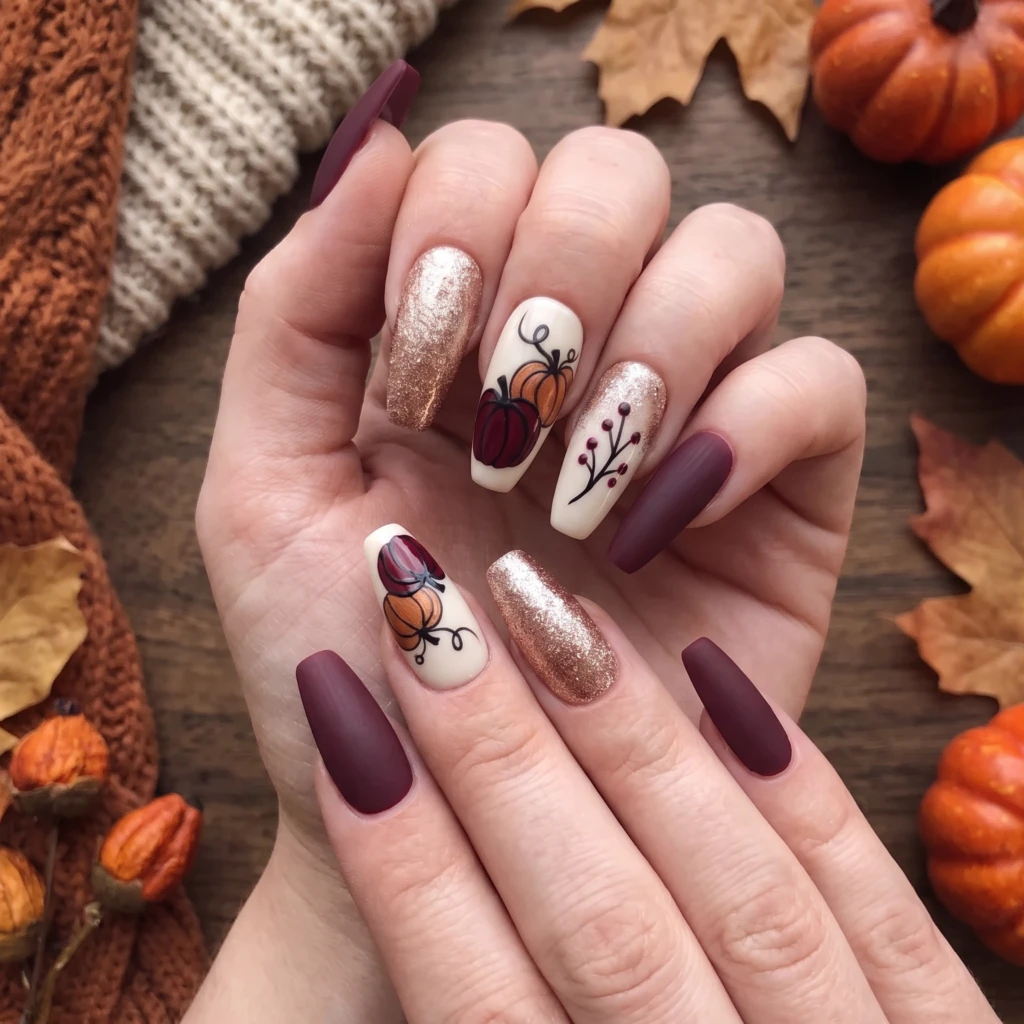 Burgundy Glitter Pumpkin Art, Handmade Press On Nails, Fall Holiday Wear