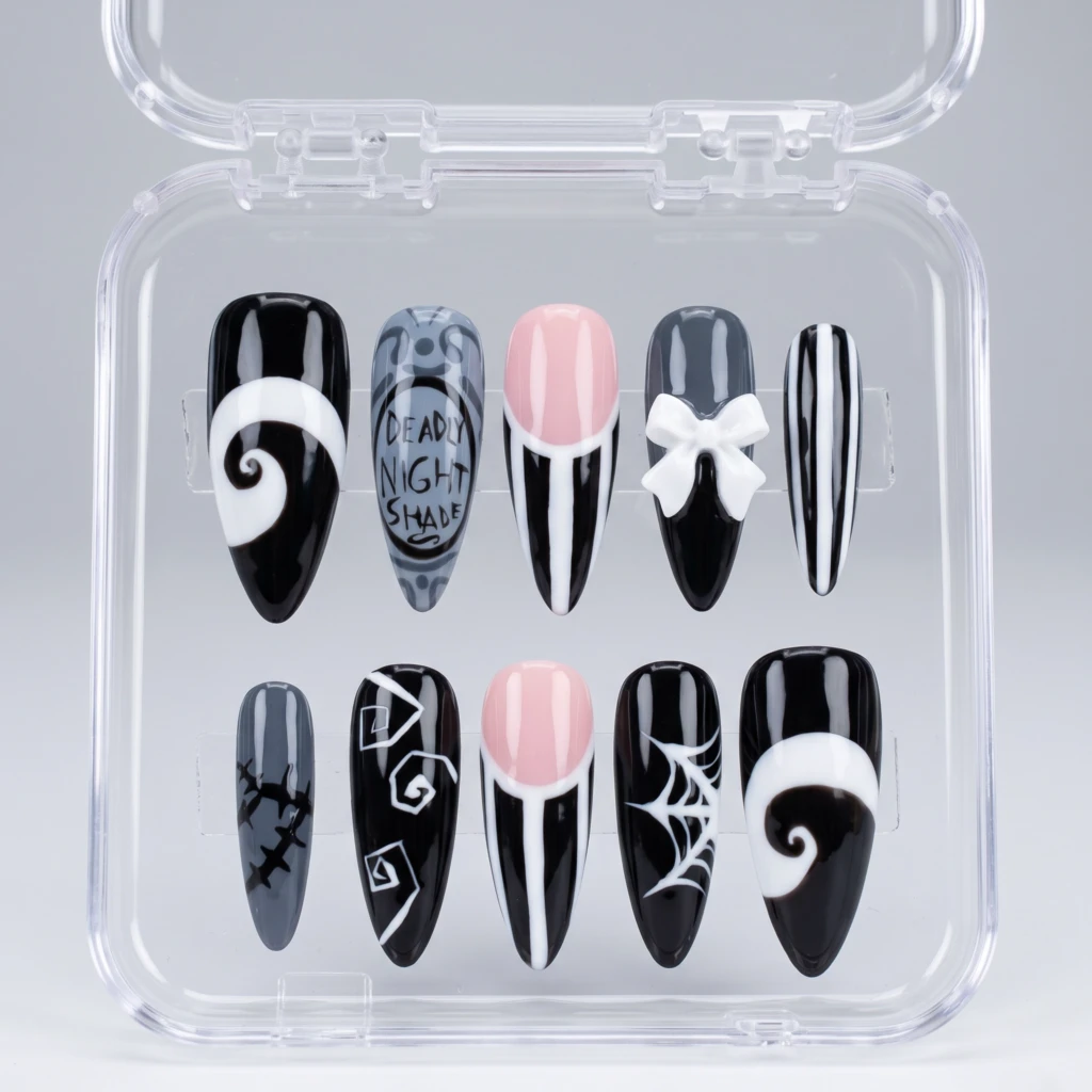 Black And White Deadly Nightshade Art, Long Stiletto Nails, Halloween Cosplay