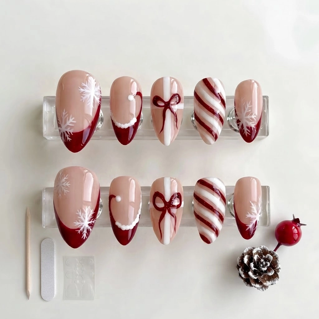 Red White Snowflake Bow Design, Handmade Press-On Nails, Christmas Holiday