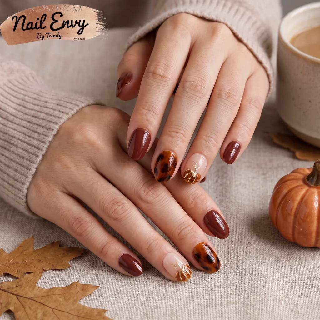 Burgundy Tortoiseshell Pumpkin Art, Press On Nails, Autumn Harvest Manicure