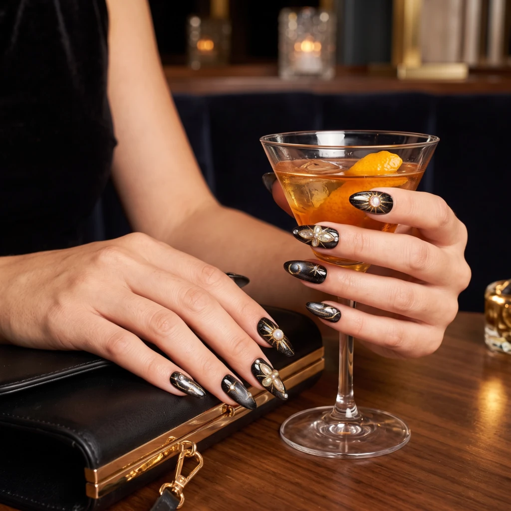 Black 3D Gold Chrome Sun And Stars, Gothic Almond Nails, Party Night Look
