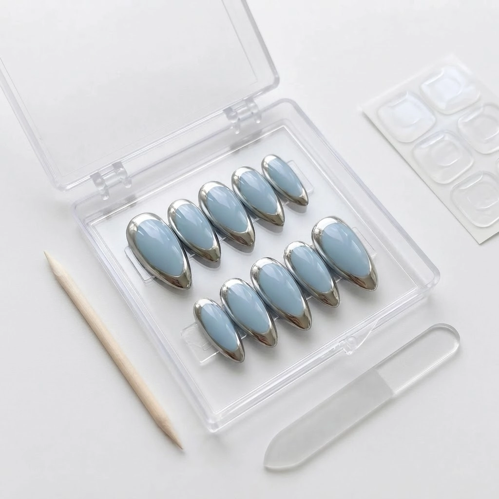 Dusty Blue Silver Chrome French Tip, Almond Press On Nails, Special Occasions