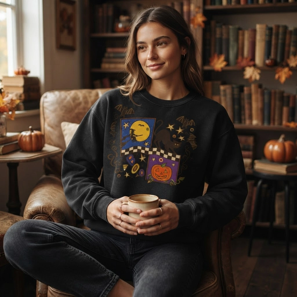 Retro Halloween Black Cat Graphic Tee, Crewneck Sweatshirt, Spooky Fall Gift