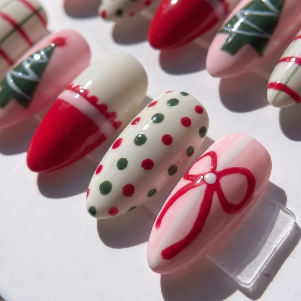 Pink And Red Holiday Tree Nails, Short Almond, Christmas Party Manicure