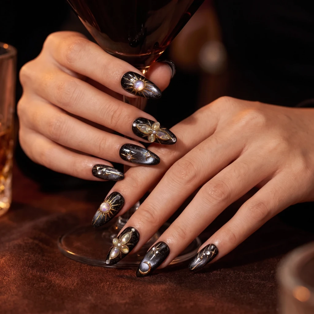 Black 3D Gold Chrome Sun And Stars, Gothic Almond Nails, Party Night Look