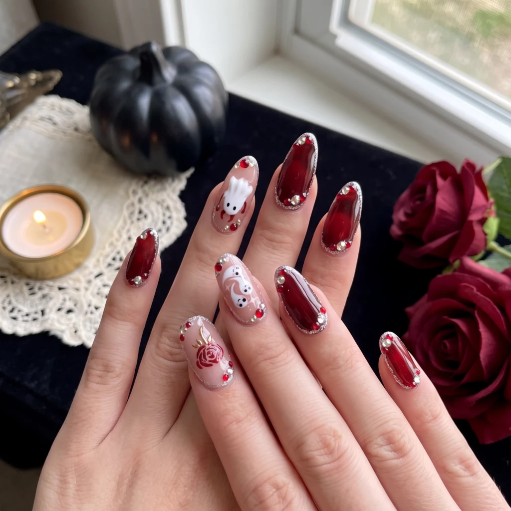 Wine Red Ghost Bunny And Rose, Almond Press On Nails, For Halloween Parties