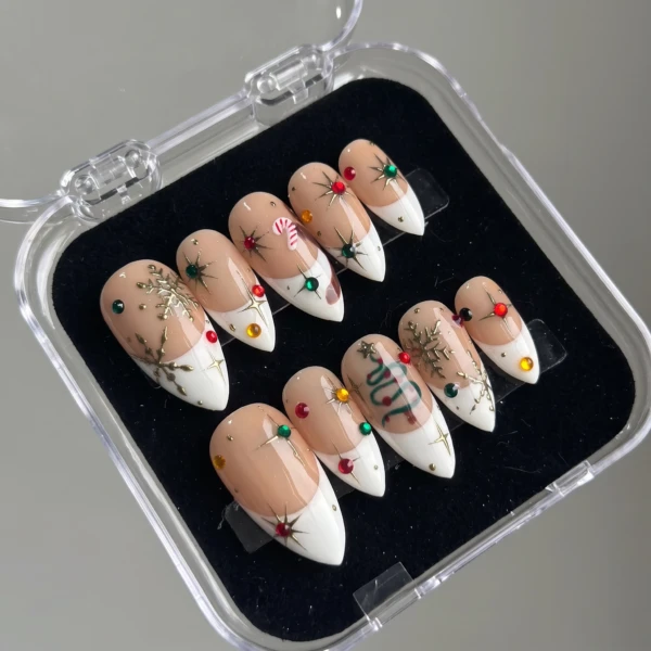 Nude White Candy Cane And Tree Art, French Press On Nails, Christmas Party