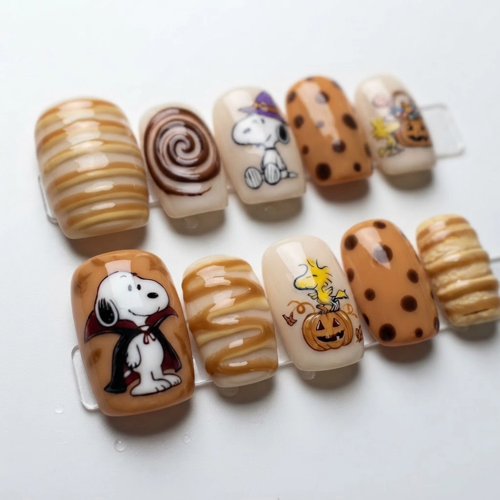 Caramel Snoopy Halloween Accents Press On Nails, Reusable Autumn Gift