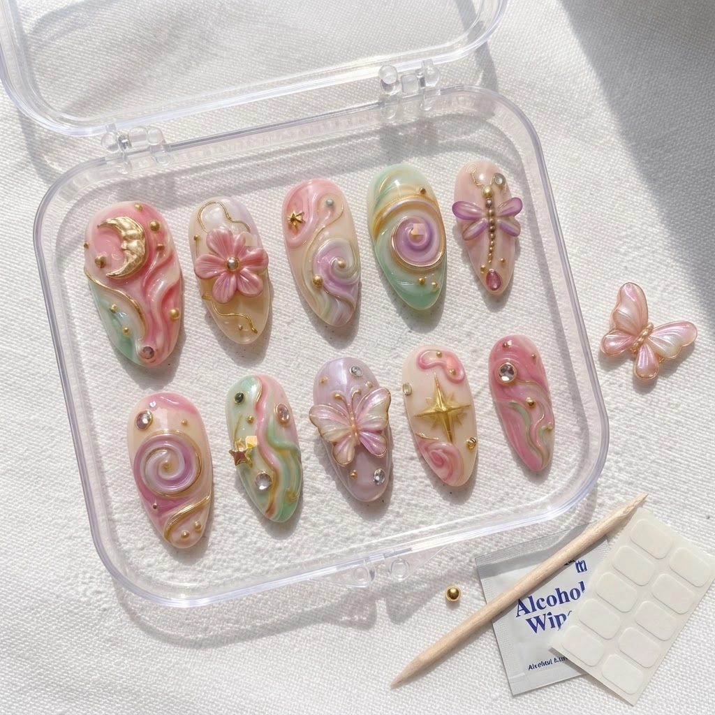 Pastel Pink Celestial Butterfly Art, Press-On Nails, Everyday Party Wear