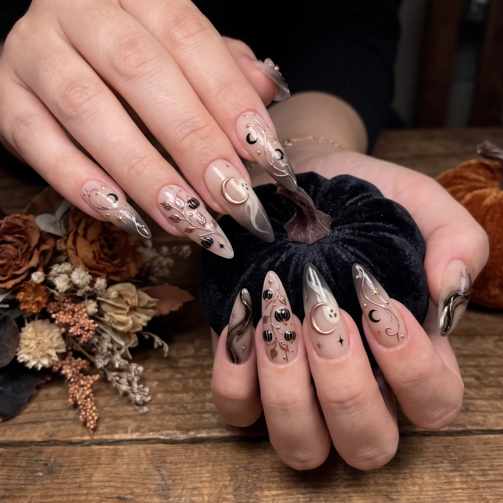 Rose Gold And Black Ghost Pumpkin, Press On Nails, Halloween Party Wear