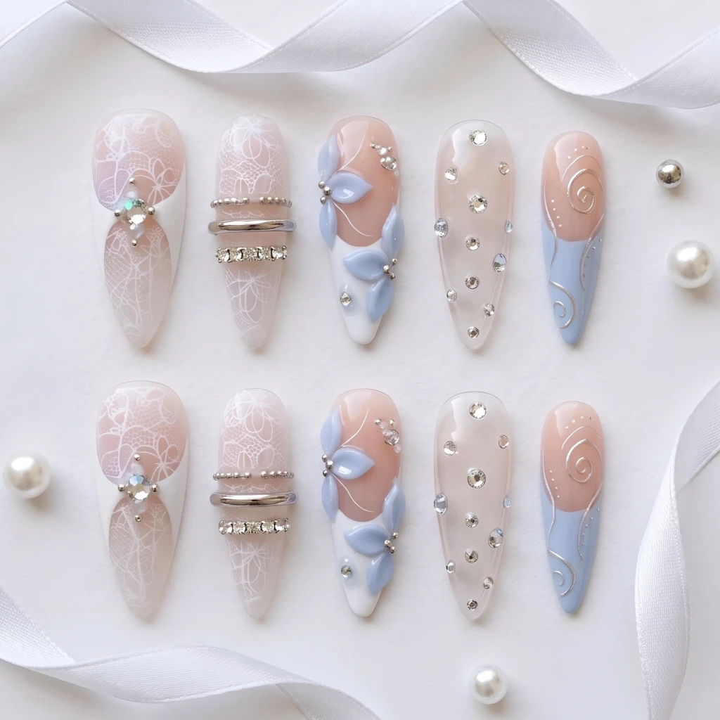 Blue Lace Floral Rhinestone Accents, Press On Nails, Bridal Wedding Wear