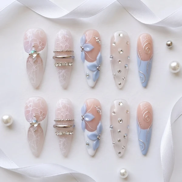 Blue Lace Floral Rhinestone Accents, Press On Nails, Bridal Wedding Wear