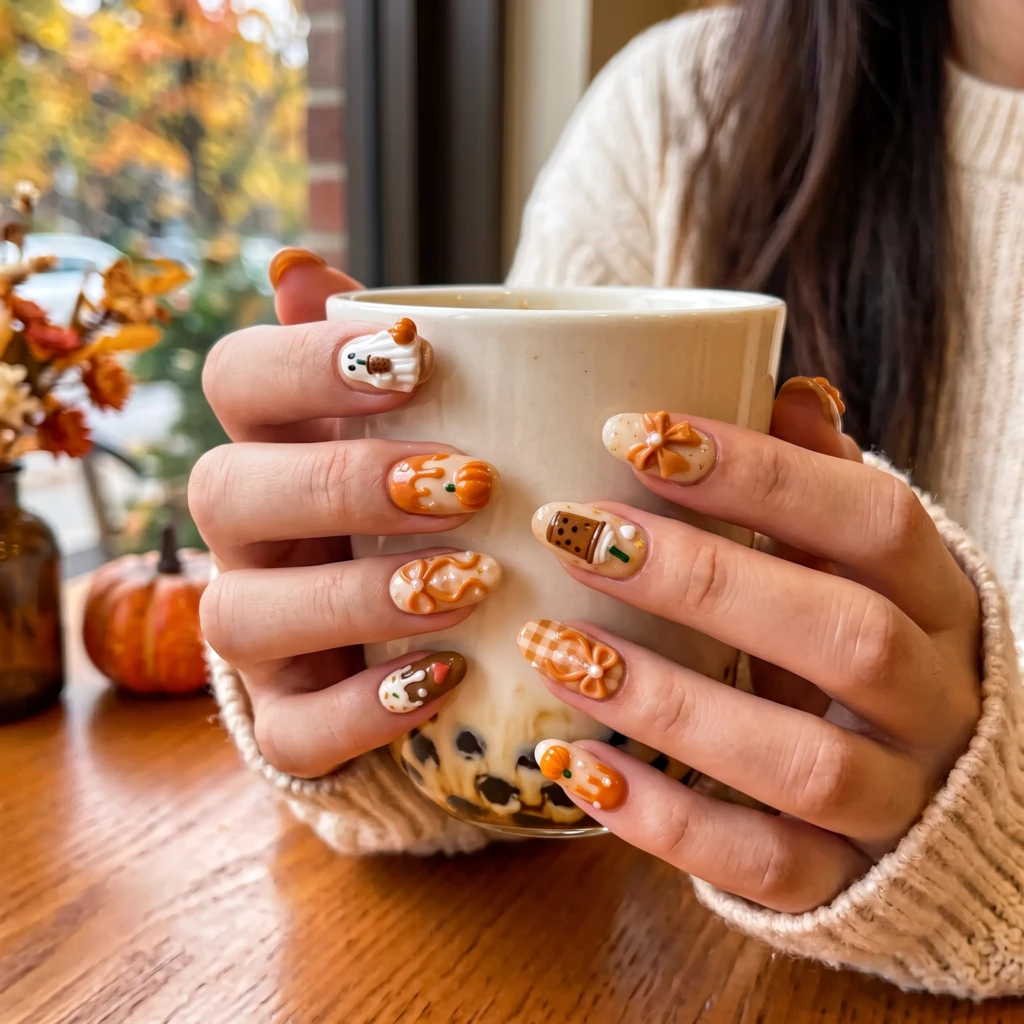 Orange 3D Ghost Boba And Pumpkin, Press On Nails, Cute Halloween Manicure
