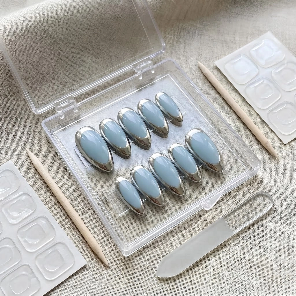 Dusty Blue Silver Chrome French Tip, Almond Press On Nails, Special Occasions