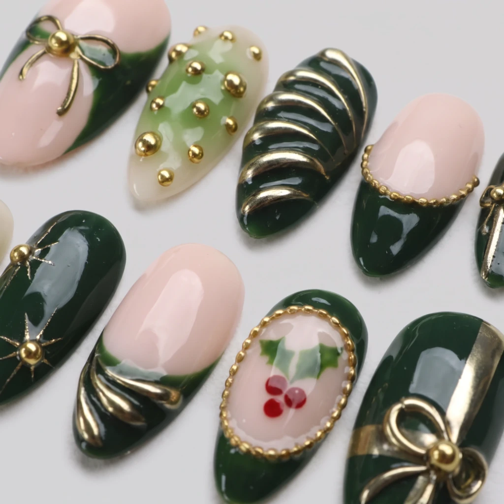 Green And Pink Chrome Ribbon Bows, Almond Press On Nails, Holiday Christmas