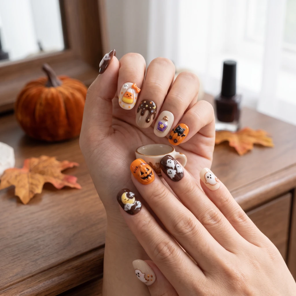 Orange And Brown 3D Ghost Pumpkin Art, Press On Nails, For Halloween Party