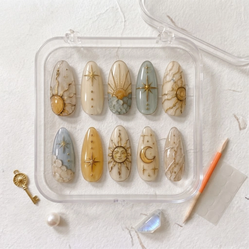 Gold Beige Celestial Sun Moon Design, Press On Nails, Special Occasions