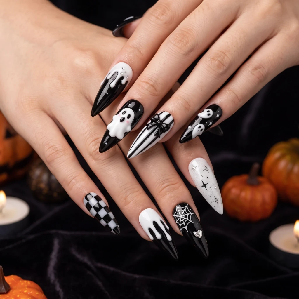Black And White Ghost And Spiderweb Art, Stiletto Nails, Halloween Costume