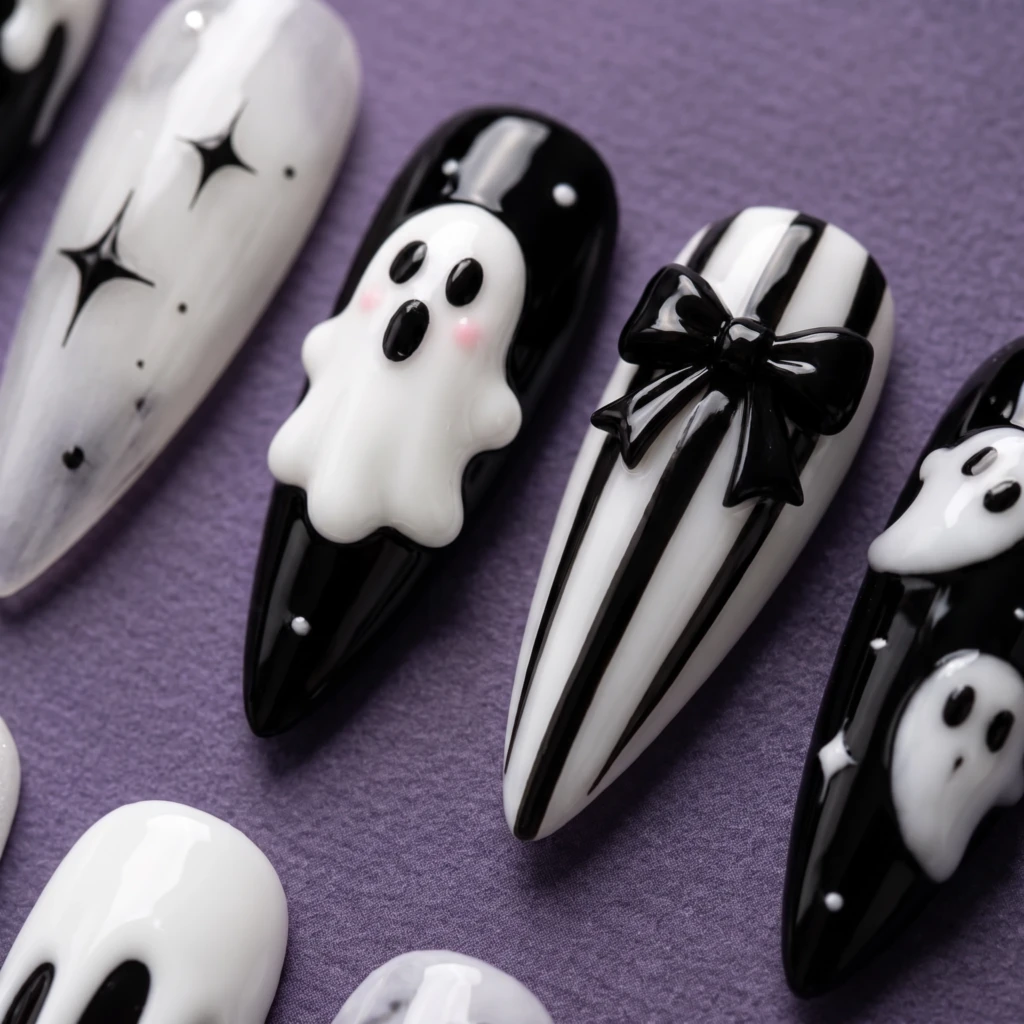Black And White Ghost And Spiderweb Art, Stiletto Nails, Halloween Costume