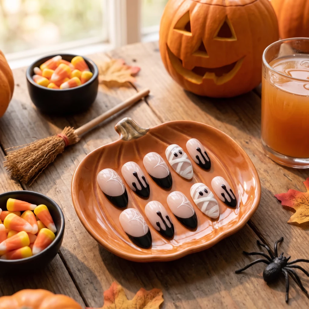 Black Mummy And Spiderweb Tips, Almond Press On Nails, Halloween Party Gift