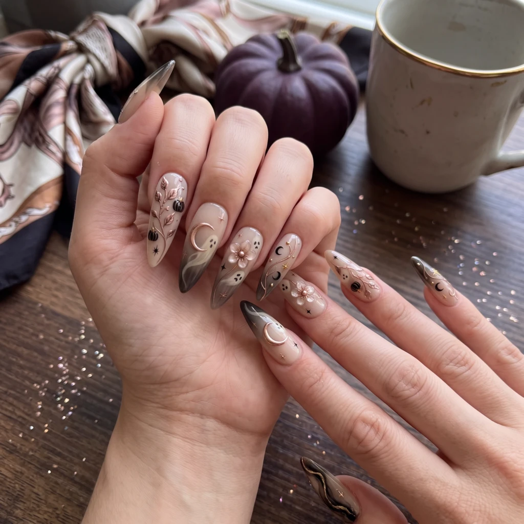 Rose Gold And Black Ghost Pumpkin, Press On Nails, Halloween Party Wear