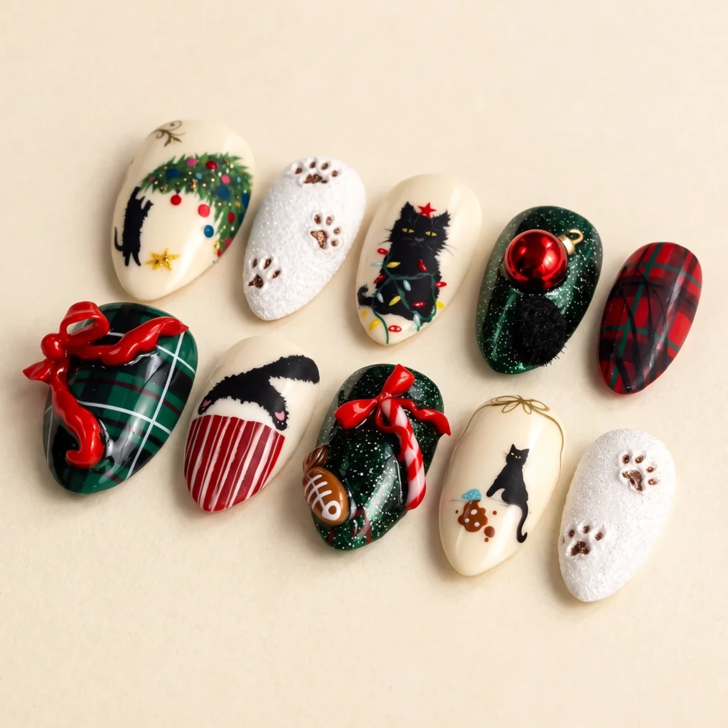 Green And Red Christmas Cat Tartan Bows, Press On Nails, Holiday Party Gift