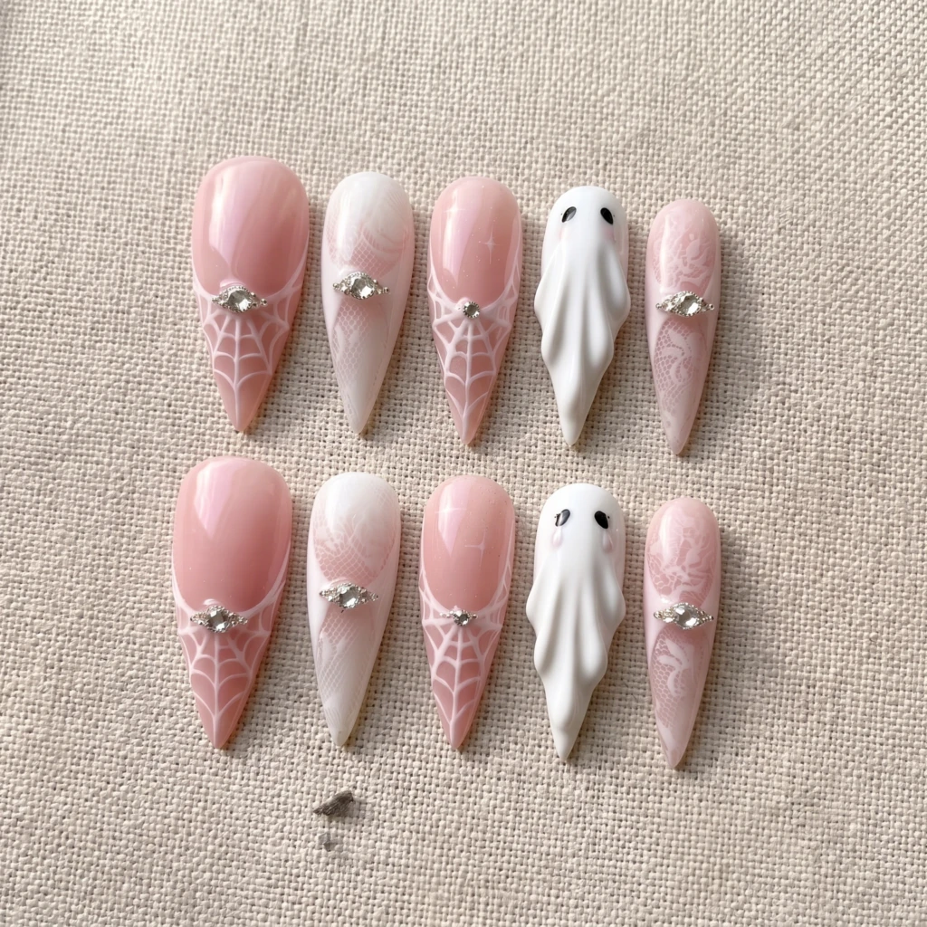 Pink Ghost Spiderweb With Rhinestones, Press On Nails, Halloween Party Gift