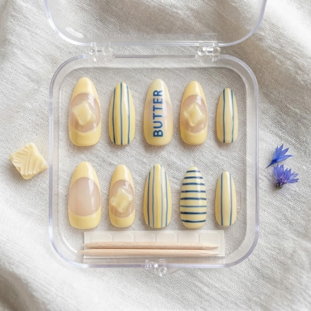 Yellow Butter 3D Melting Stripe Accent, Almond Press On Nails, Summer Gift